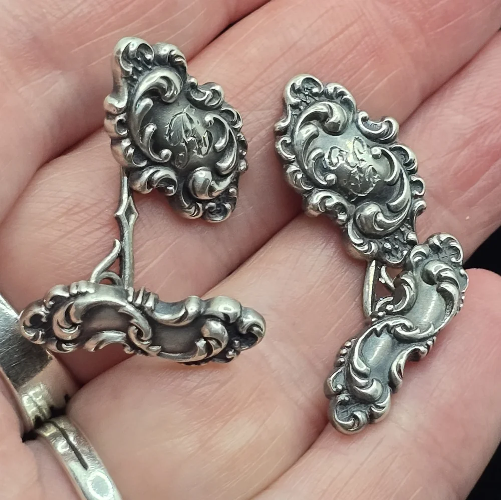 Antique Victorian Sterling Repousse Cufflinks Engraved 